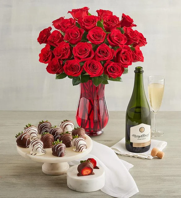 Deliciously Decadent Red Roses, Strawberries, and Wine