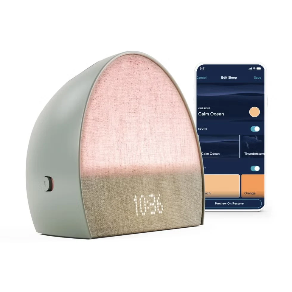 Sunrise alarm clock
A sunrise alarm clock wakes you up gradually and gently by slowly increasing the light in your room, mimicking a natural sunrise. The increasing light signals your brain to lower melatonin and produce cortisol, helping you feel more alert and less groggy.