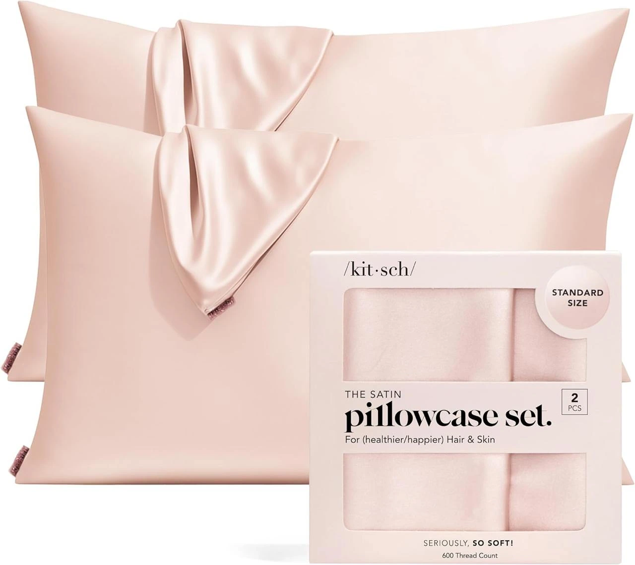 Kitsch Satin Pillowcase with Zipper for Hair & Skin, Softer Than Silk Pillow Cases Queen, Wrinkle-Free, Smooth and Cooling Satin Pillow Covers, Standard Size 19"x26" - Blush, 2pcs